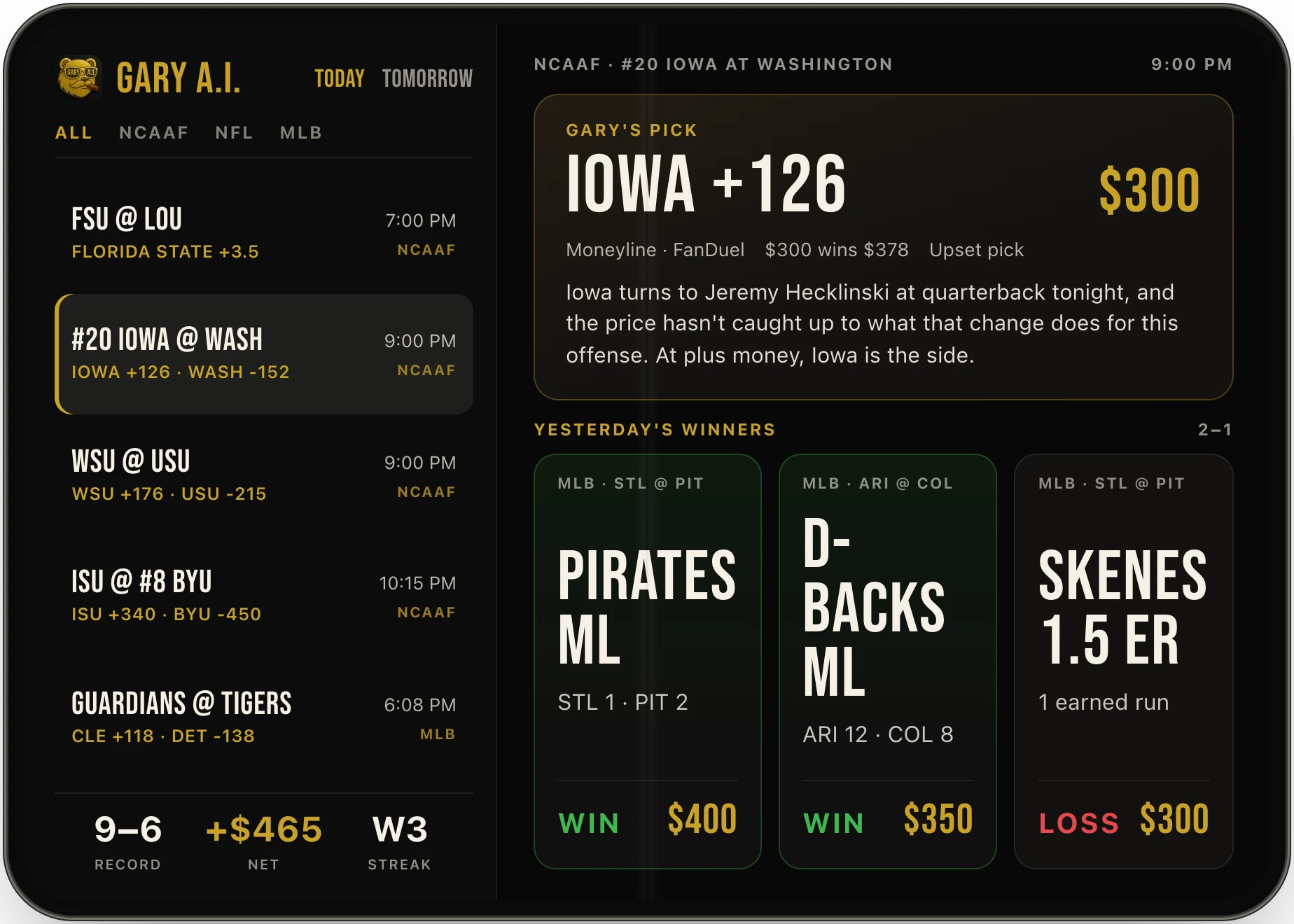 Gary redesigned for iPhone Duo: tabs along the side, today's games on the left and the full pick on the right
