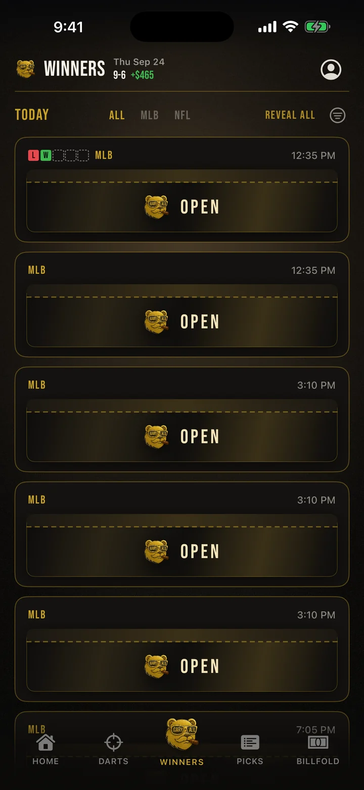 Gary.ai Winners board with the day’s sealed picks