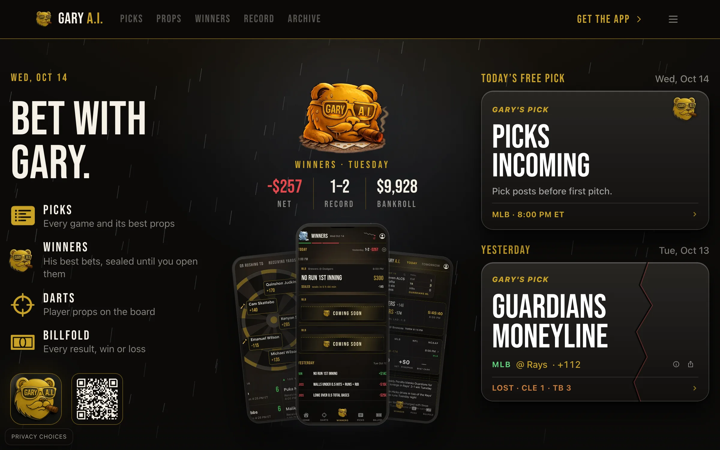 BetWithGary.ai homepage with the free pick and the reasons behind it