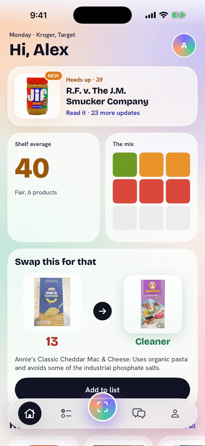 Sync’d home screen with the shelf average and a product swap