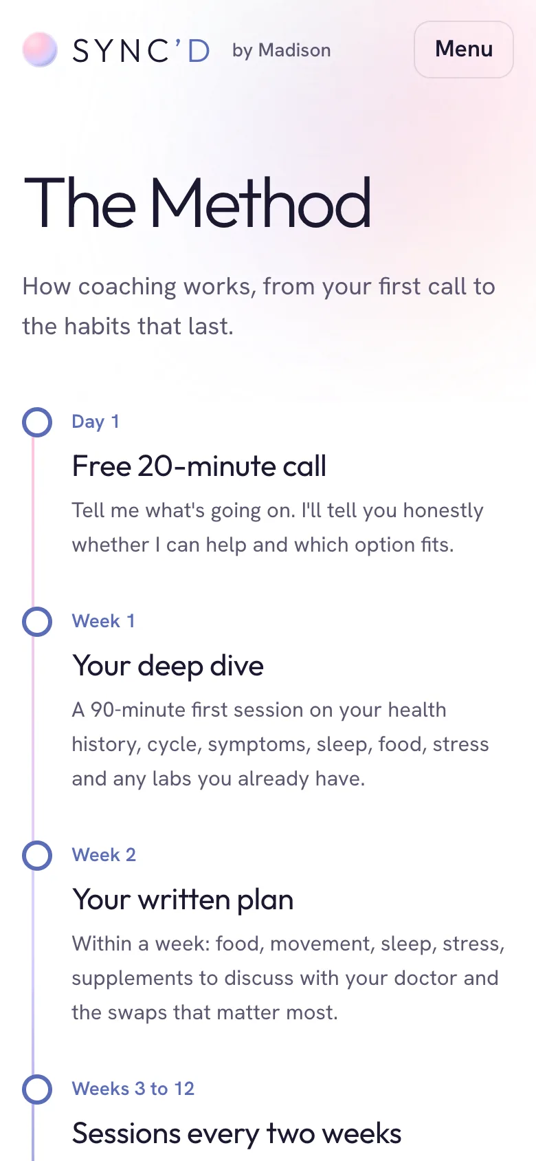 Sync’d by Madison method page on a phone