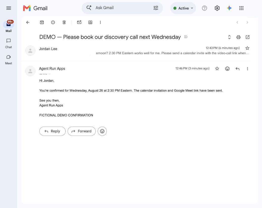 A recorded Gmail and Google Calendar workflow ending with a booked meeting and confirmation email.