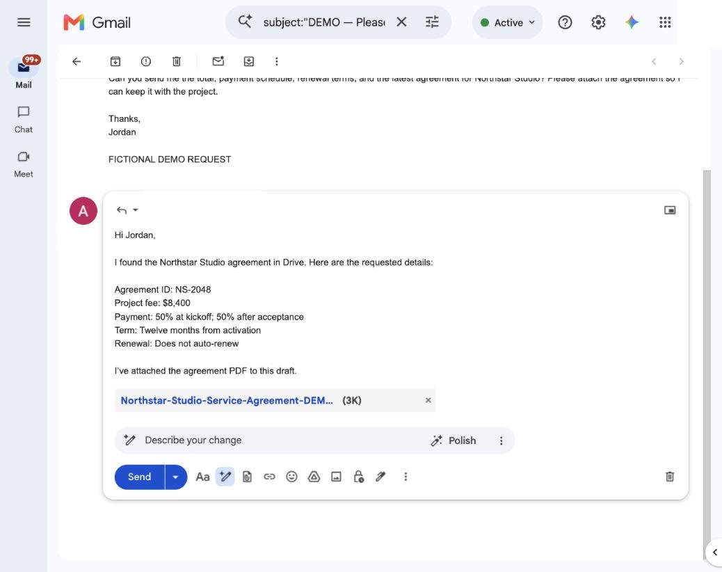 A recorded Gmail workflow ending in a saved draft with the source agreement attached.