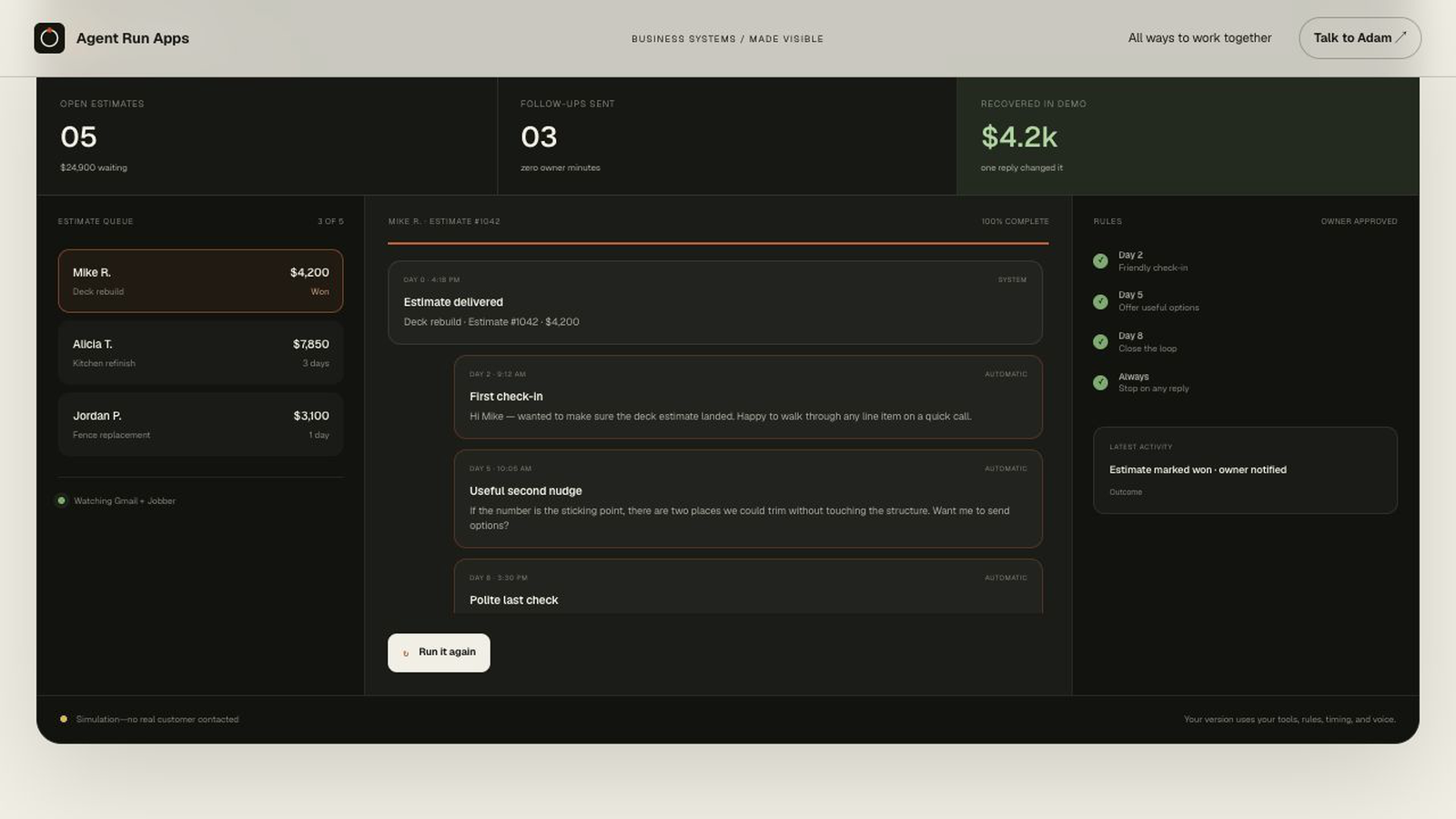 Quote Chaser showing automated follow-ups and a recovered estimate